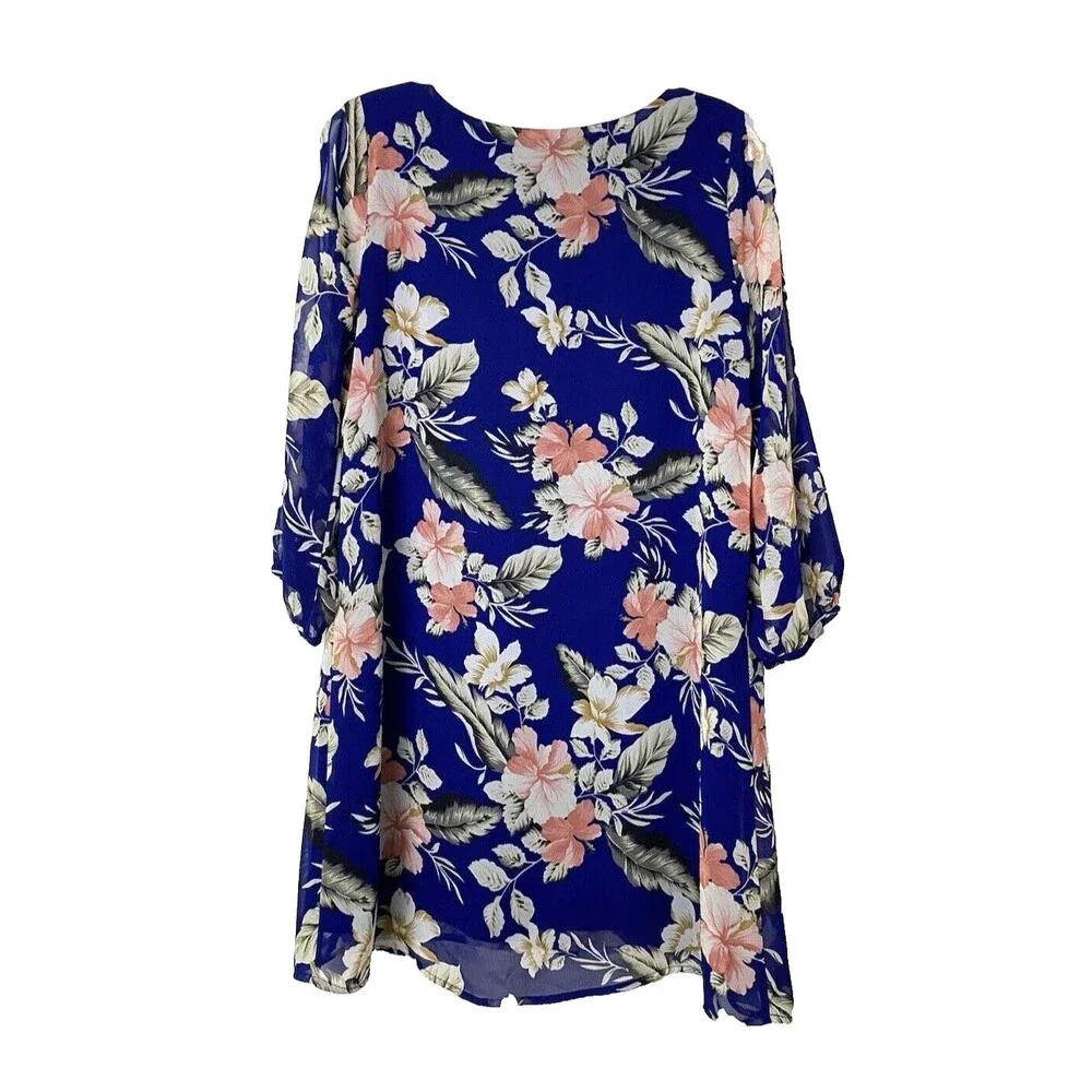 Lulus Tunic Dress Size S Blue Floral Slit Long Sleeves Chiffon Mini Office Party - Picture 3 of 14